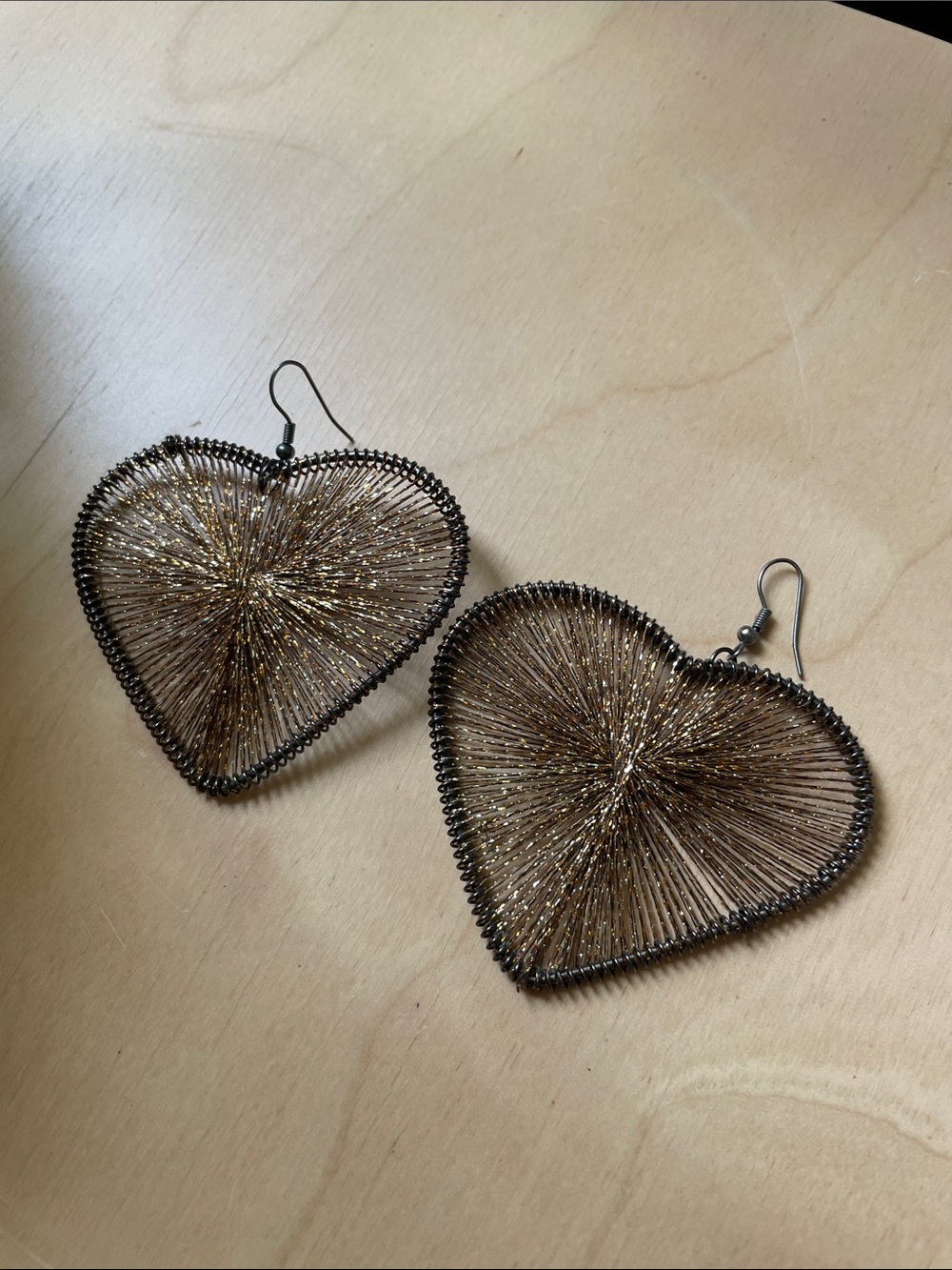 Sparkling Heart Wire Drop Earrings - Gold Tone